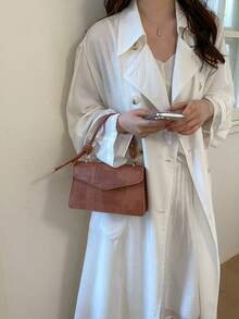 Bolso de hombro cuadrado acolchado de unicolor clásico para mujer, bolso de maquillaje de PU retro con correa ajustable, cartera cuadrada, adecuado para uso al aire libre - Marrón 2 - Ver 4