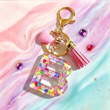 Bộ 26 móc khóa chữ cái đầu tiên bằng nhựa epoxy đỏ, móc khóa hình trái tim dễ thương có tua rua, phụ kiện trang trí túi xách và ví thời trang, quà tặng dự tiệc, thích hợp để tặng bạn bè. - Hồng - Xem 36