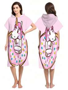 1pc Rainbow Unicorn & Blue Polka Dot Kitten Print Polyester Hooded Poncho, Oversized Beach Towel - Vibrant Unicorn Design, Beach Wrap, Soft & Durable Polyester Robe, Suitable For Swimming, Travel And Beach Vacation, Unisex Bathrobe, Beach Towel, Women Robe, Travel Decor, Casual Decor - Multicolor - View 16