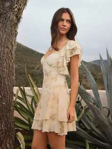 Vestido vaquero mini con volantes, escote en V y estampado de paisley, ajuste ceñido y vuelo para el verano - Multicolor - Ver 5