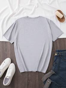 Women's Casual Short Sleeve T-Shirt - Happy  Face Print And Inspirational Lettering, Comfortable Crew Neck, Versatile All-Season Top, Loose Fit, Breathable Fashion T-Shirt, Printed T-Shirt, A Must-Have For Fashion Enthusiasts. ZOIH - 淺灰色 - 查看 2