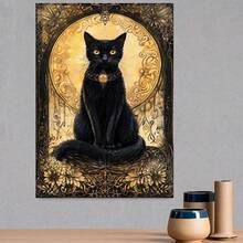 Impresión artística de gato negro misterioso 2D plano, 2D plano, 2D plano, 1 pieza, con marco de madera maciza, sin instalación, decoración de pared, estilo gótico, estilo vintage, estilo bohemio, perfecto para dormitorio, sala de estar, oficina, regalo ideal para inauguración de la casa - Enmarcado - Ver 3