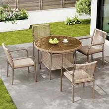 Modern Rattan Garden Furniture Set, Including A Round Glass Table And Four Armchairs, With An Iron Frame. Ideal For A Terrace, Balcony Or Patio. - 棕色 - 查看 12