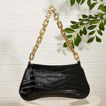 Snake Skin Acrylic Gold Chain Decor Shoulder Underarm Baguette Bag - Black - View 7