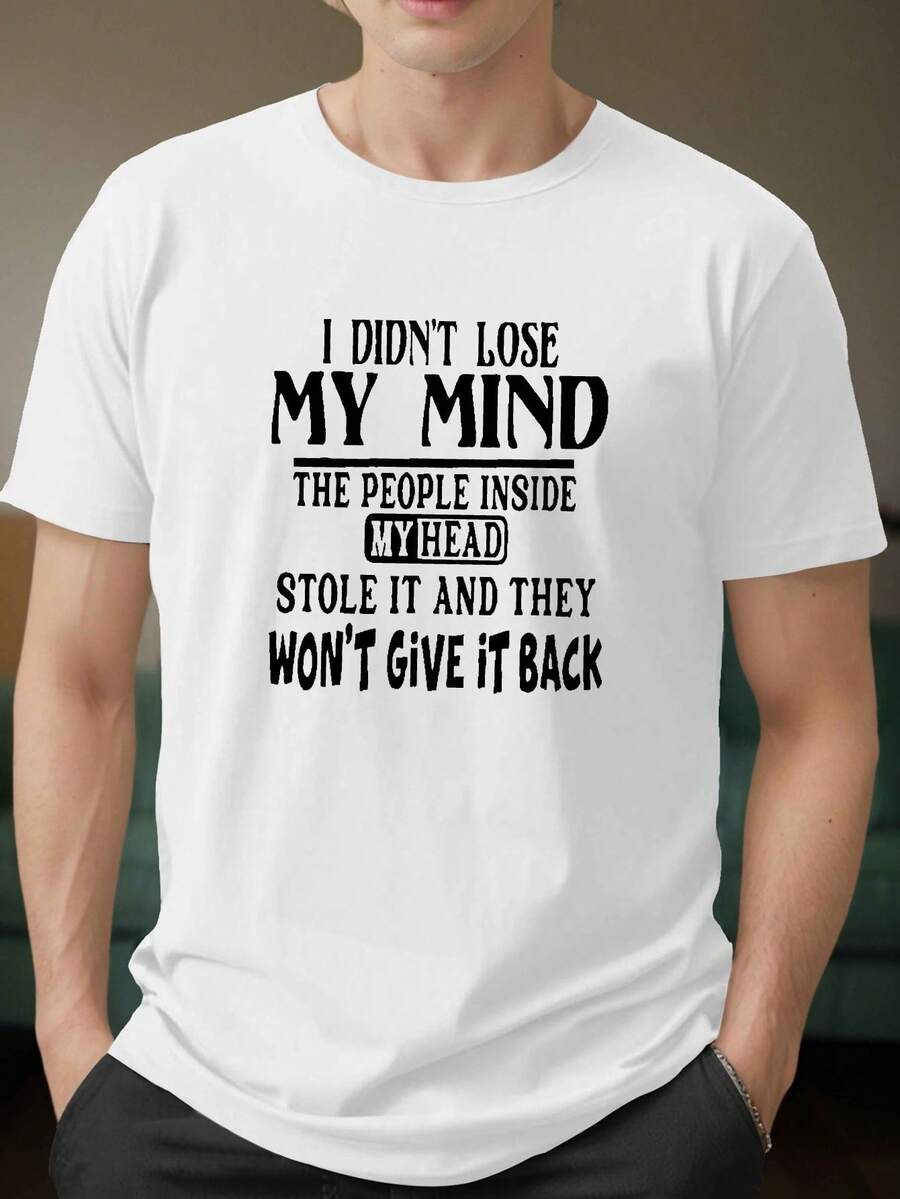 Men's Plus Size Summer T-Shirt, Polyester Crew Neck Casual T-Shirt, Regular Fit Knit T-Shirt With "I Didn't Lose My Mind" Graphic Print, For Big And Tall Men, Everyday Geometric Pattern Short Sleeve Tops. - 白色 - 查看 1