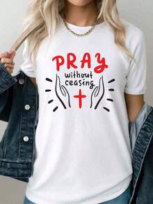 Christian Faith T-Shirt For Women. Sin Is Forgivable. Stop Praying. "White With Red Letters, Praying Hands Design, Casual Round Neck Short Sleeve, Comfortable And Casual Clothing, Inspirational Garment With Bible Verses For Church Events And Daily Wear, 100% Pure Cotton, Women's T-Shirt, Bohemian Style 100% Pure Cotton, For Women, Bohemian - 白色 - 查看 1