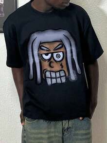 Manfinity Dauomo Camiseta de manga corta informal con cuello redondo y gráfico de dibujos animados para hombre - Negro - Ver 1