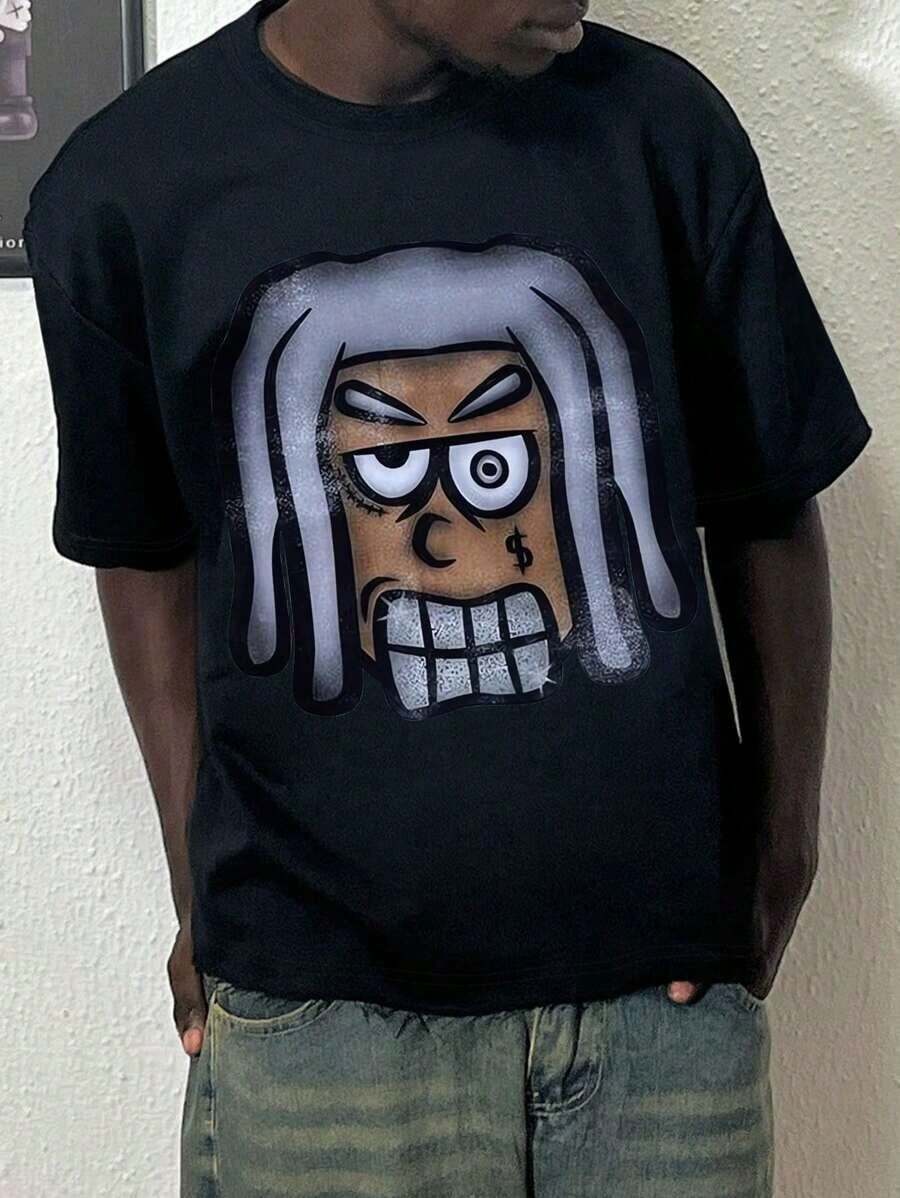 Manfinity Dauomo Camiseta de manga corta informal con cuello redondo y gráfico de dibujos animados para hombre - Negro - Ver 1
