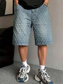Men's Vintage Washed Loose Crochet Denim Shorts - Medium Wash - View 2