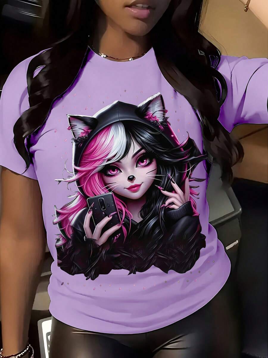 Camiseta de Mujer con Estampado de Orejas de Gato de Anime - Manga Corta, Cuello Redondo, Estampado de Manga Japonés, Suave y Elástica, para Verano y Primavera, Ideal para Convenios, Eventos Temáticos y Ropa Casual - Morado - Ver 1
