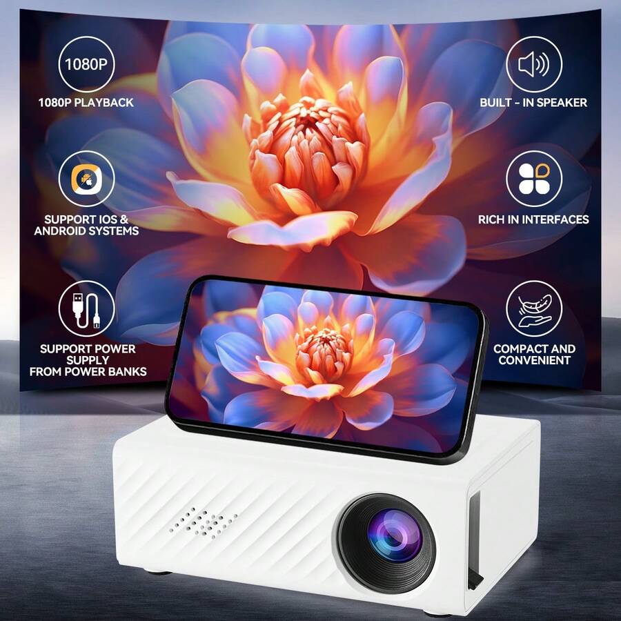 可攜式迷你投影機，全高清有線投影機（無藍牙無WiFi），內建喇叭與遙控器，有線手機/平板連接，附EU/UK/US/AU插頭轉接器，適用於家庭劇院、辦公室、宿舍、旅行