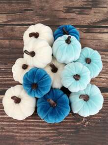 6pcs Artificial Velvet Pumpkin Decor Set, Faux Velvet Foam Pumpkin Decorations, Halloween Decor Realistic Pumpkin Ornaments Set, Soft Velvet Texture Autumn Farmhouse Harvest Mini Pumpkins, No Electricity Required Autumn Hanging Display Accessories, Fireplace Mantel Decor, Harvest Party, Birthday Gift, Autumn Decor, Halloween Decor - Blue Series - View 3
