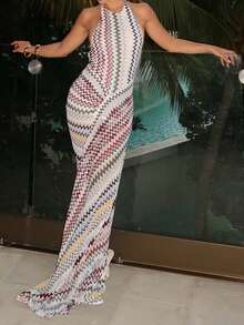 DOUCIU Fashionable Girl Colorful Wavy Print Spaghetti Strap Maxi Dress, Fitted Vacation Beach Style - White - View 4