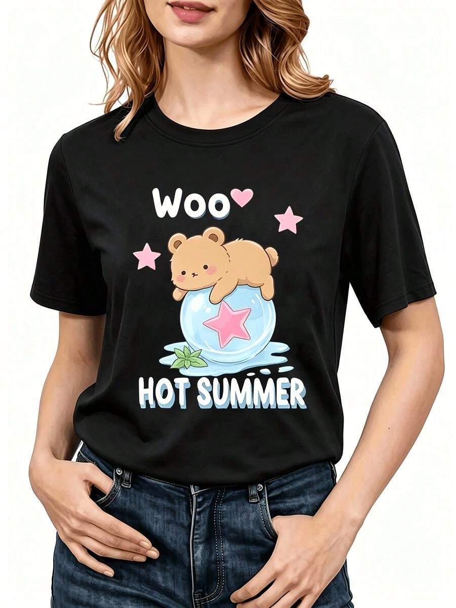 1 Piece Of 100% Cotton Short-Sleeved T-Shirt, Casual Round Neck With Print, Breathable Short Sleeves For Everyday Use, Feminine Style With Bear And Star Print In Light Brown Tone - 黑色 - 查看 1