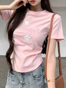 女款刺繡落肩修身圓領上衣 粉色休閒復古夏季款 - 粉色 - 查看 3