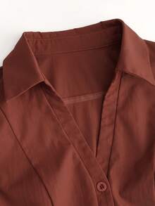Blus Vela Rue Warna Polos Kancing Depan Lengan Pendek Leher Ikat Pinggang Pas Badan Warna Merah Bata, Pakaian Kembali ke Sekolah, Pakaian Musim Panas untuk Berpergian - Cokelat kemerahan - View 3