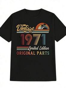 Men's 1971 Vintage Graphic T-Shirt - Limited Edition, Original Parts Design, Retro Letter Print, Casual Crew Neck, Black, Machine Washable, Summer Essential, Perfect Gift For Men, Easy Care Clothing | Nostalgic Design | Vibrant Print Quality - 黑色 - 查看 1