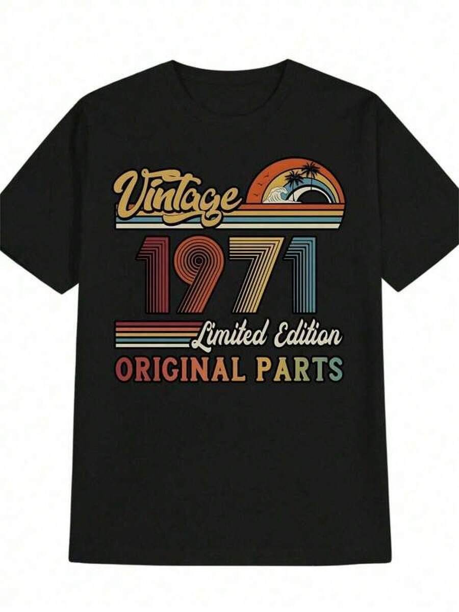 Men's 1971 Vintage Graphic T-Shirt - Limited Edition, Original Parts Design, Retro Letter Print, Casual Crew Neck, Black, Machine Washable, Summer Essential, Perfect Gift For Men, Easy Care Clothing | Nostalgic Design | Vibrant Print Quality - 黑色 - 查看 1