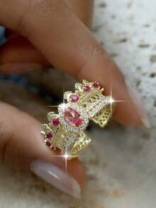 jealous young 1pc Elegant Palace Style Gold‑Plated Crown Open Ring With Hollow Lace Design & High‑Quality Rose‑Red Cubic Zirconia, Showing Women's Dignified Charm Jewelry Suitable For Daily Wear, Gift, Dates, Wedding Banquets, Holiday Galas, Evening Dinners - Crown - View 3