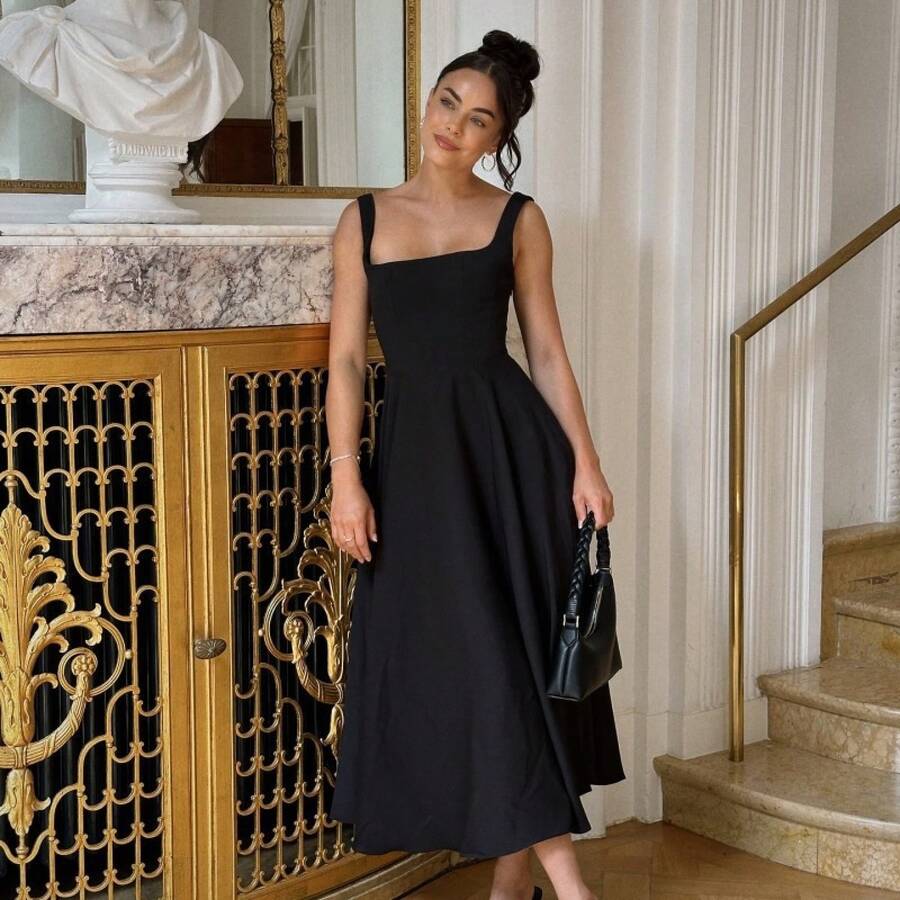 2026 Spring Summer New Women Elegant Solid Square Neck Sleeveless Waist Cinching Strap Dress Casual Bodycon Midi  Beach Vacation Outfit - 黑色 - 查看 1
