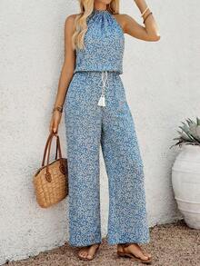 Mono ancho de pierna casual con bolsillo, cintura con borlas y unicolor, de moda para vacaciones - Multicolor - Ver 7