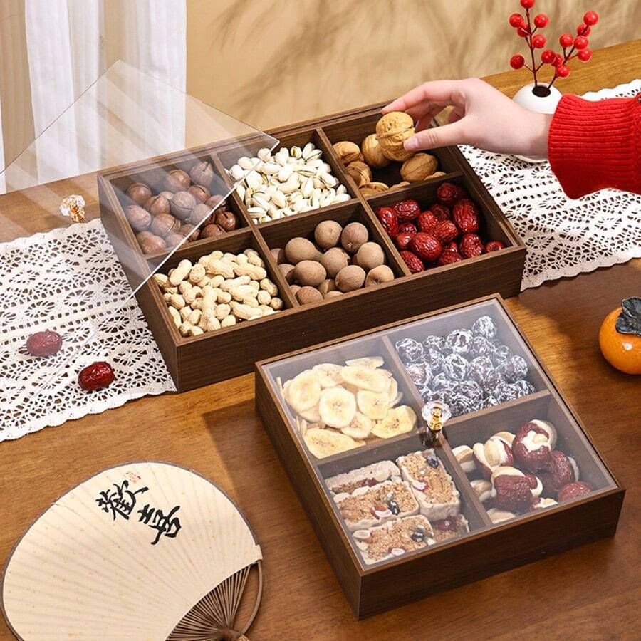 Đĩa đựng trái cây sấy khô, khay đựng đồ ăn nhẹ chia ngăn tiện dụng trong nhà, hộp đựng đồ ăn vặt và các loại hạt kiểu Trung Quốc mới cho phòng khách, hộp đựng đồ sáng tạo. - màu nâu - Xem 1