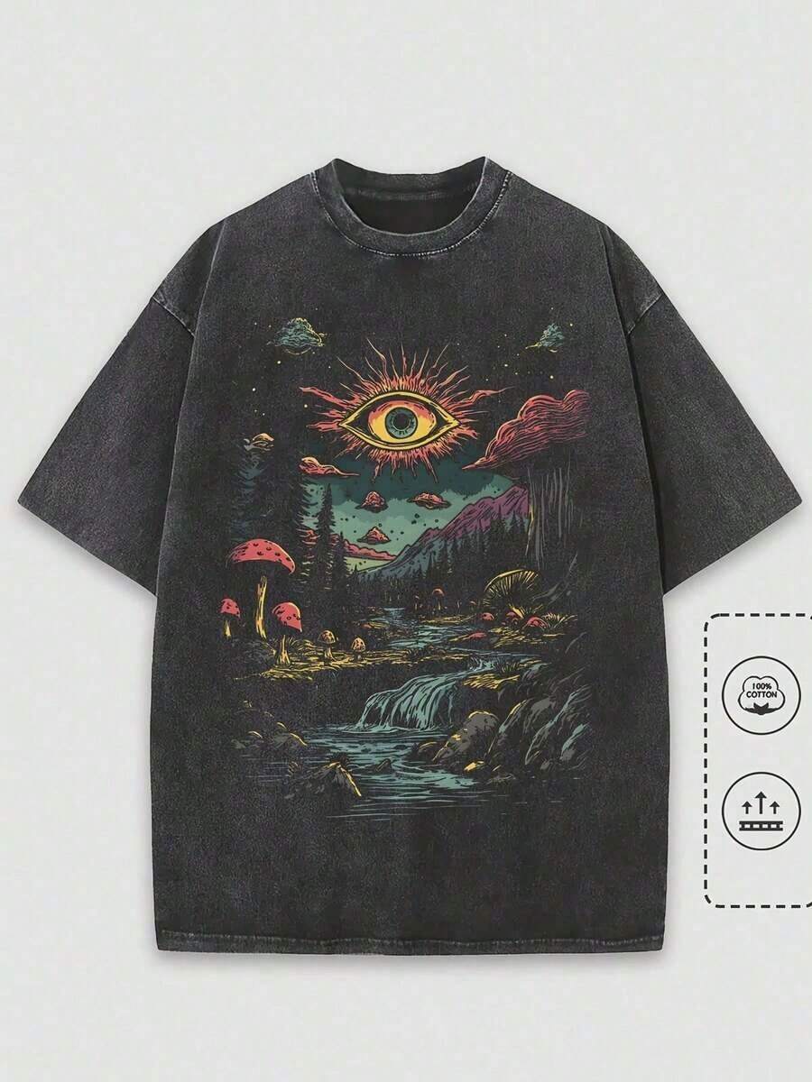 Verano, Camiseta Lavada de 230G, Bosque Fantasioso y Ojo de Sol, Camiseta con Estampado, Algodón Grueso con Estampado de Cera, para Actividades al Aire Libre, Excelente Artículo de Regalo - Negro - Ver 1