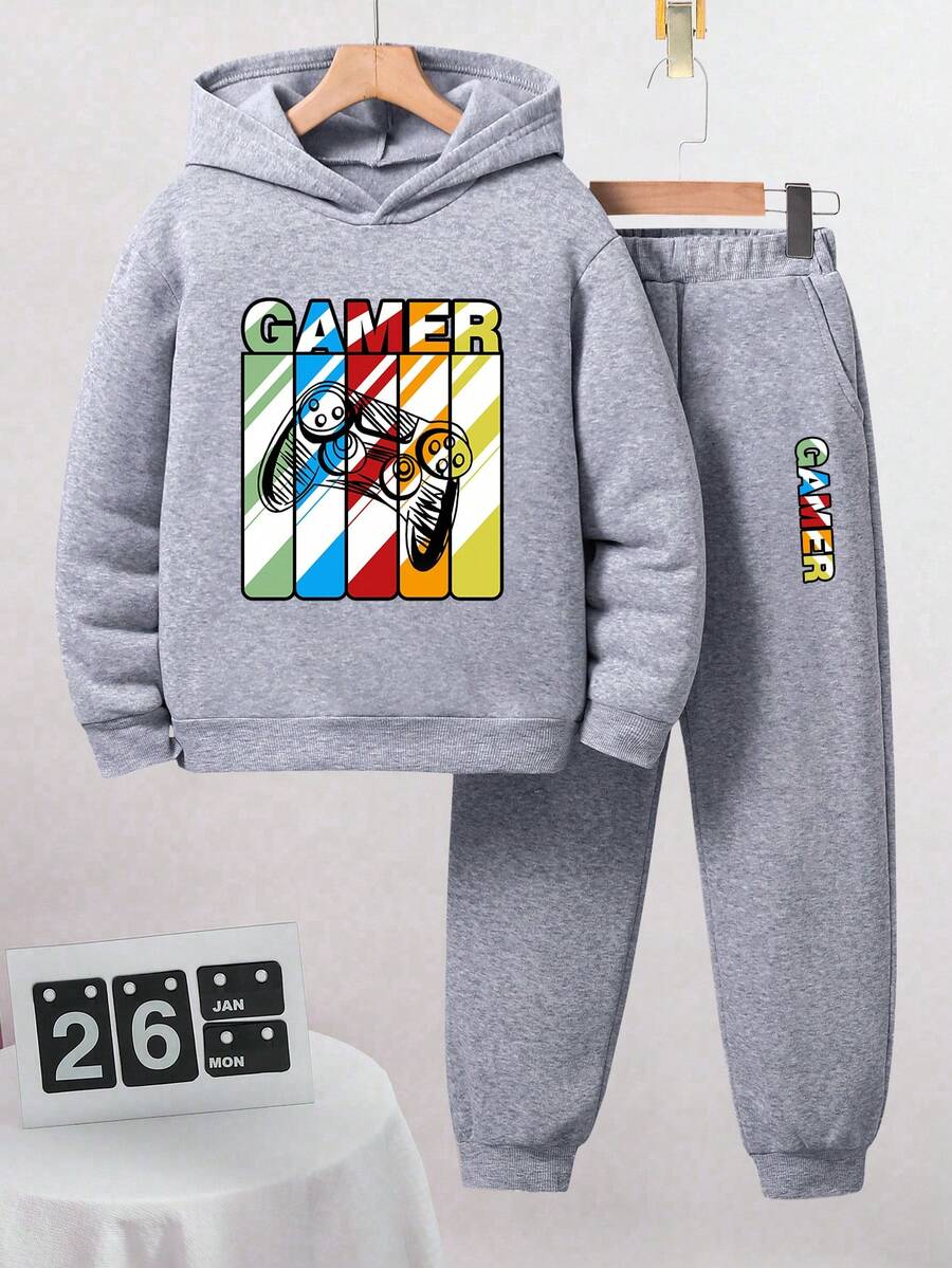 Tween Boy Cartoon Pattern Print Warm Hoodie And Pants - Grey - View 1