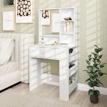 Dressing Table With Mirror, Drawer, 3-Tier Side Shelf, Chipboard, White - White - View 3