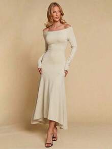Vestido de mujer de cuello en V elegante, de manga larga, de unicolor, con dobladillo irregular, versátil para ir al trabajo, la oficina, salir, fiestas, bodas y la playa - Beis - Ver 11