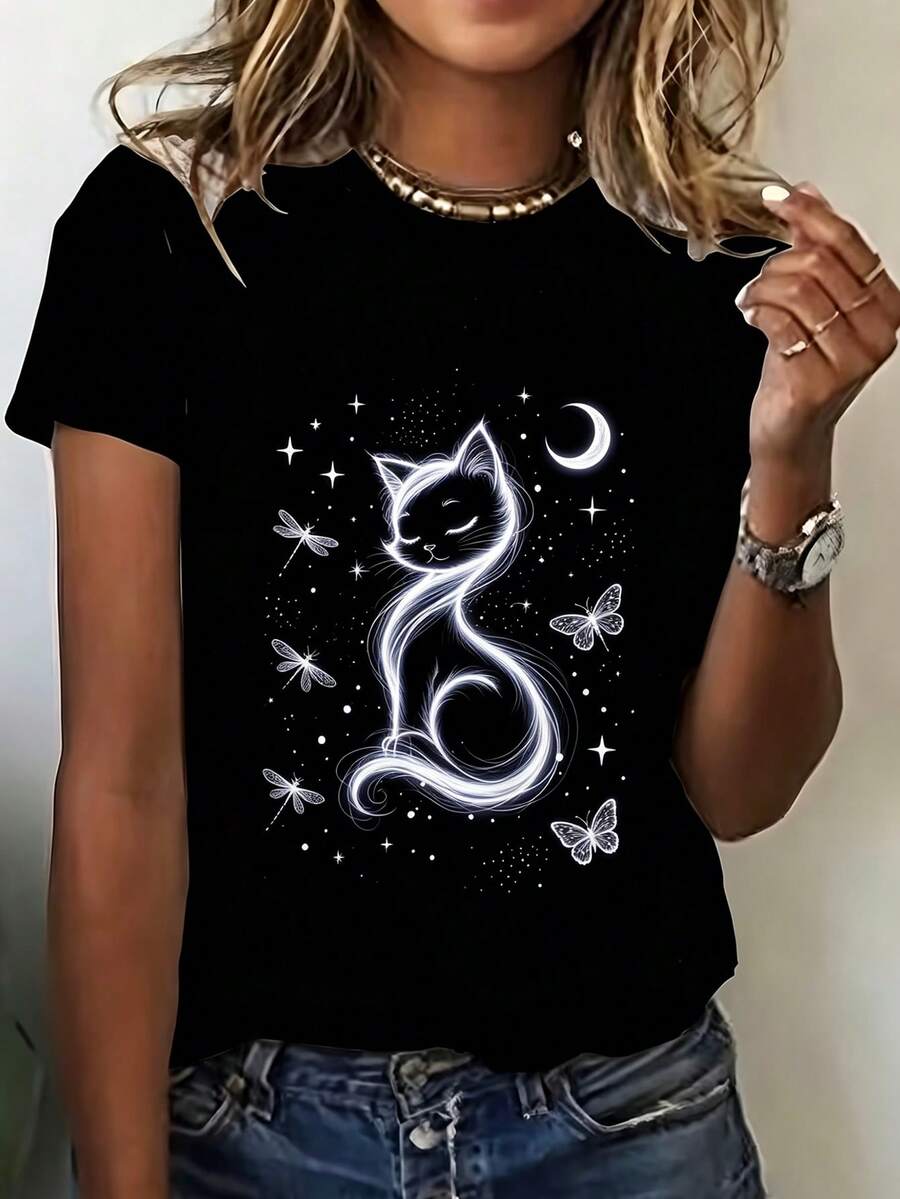Fashionable Short-Sleeved T-Shirt, Pink Letter-Printed Casual Women's 100% Cotton Top, Women's Clothing - Black - View 1