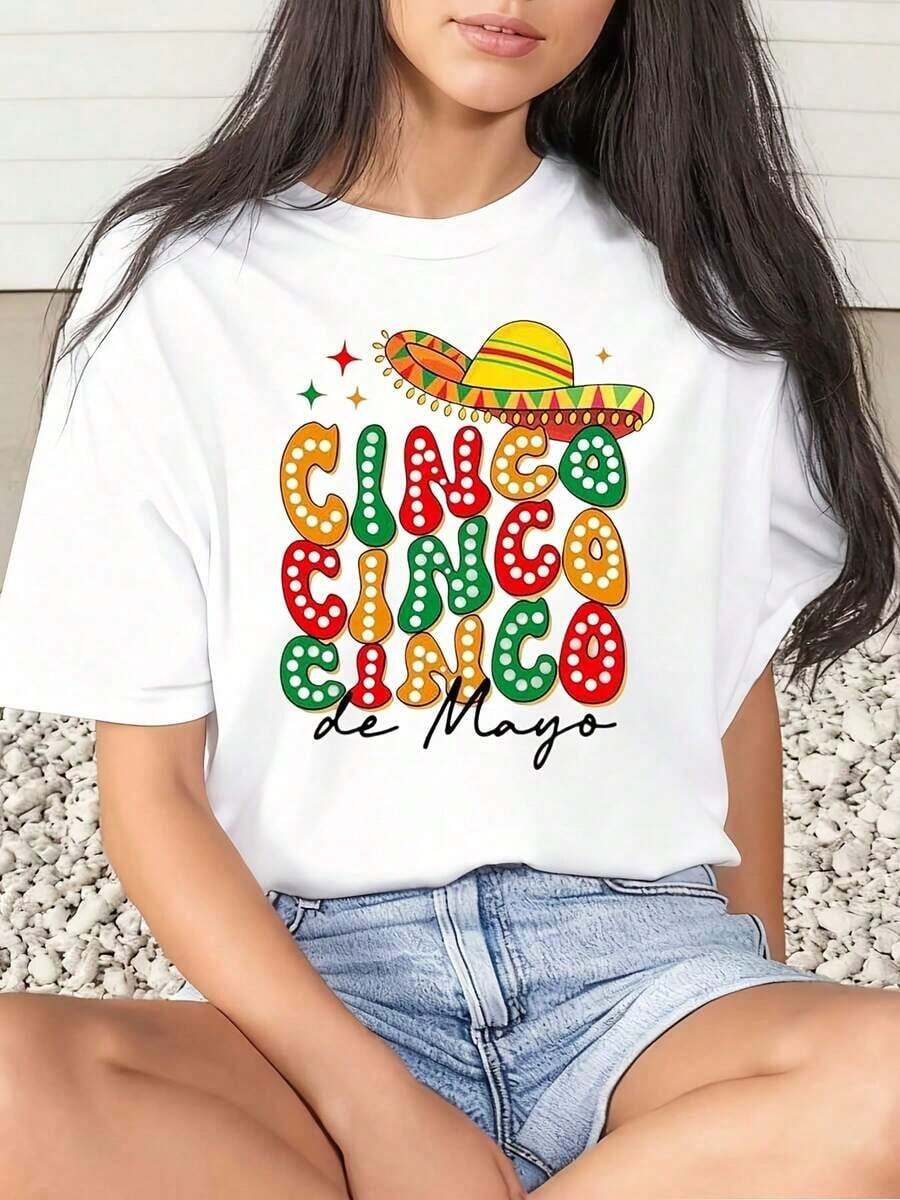Women's Colorful Cinco De Mayo Hat Print T-Shirt Festive Celebration Party Wear For Cinco De Mayo 220g Basic Women's Blouses - 白色 - 查看 1