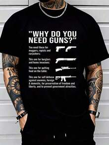 Vintage Graphic Crew Neck Loose Fit T-Shirt With "Why Do You Need Guns?" Print, Casual Wear, Loose Spring Tops, Fashionable Summer Basic T-Shirts, Fun Black And White Clothing, Gift For Men, - 黑色 - 查看 1