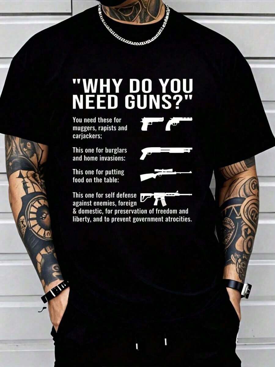 Vintage Graphic Crew Neck Loose Fit T-Shirt With "Why Do You Need Guns?" Print, Casual Wear, Loose Spring Tops, Fashionable Summer Basic T-Shirts, Fun Black And White Clothing, Gift For Men, - 黑色 - 查看 1