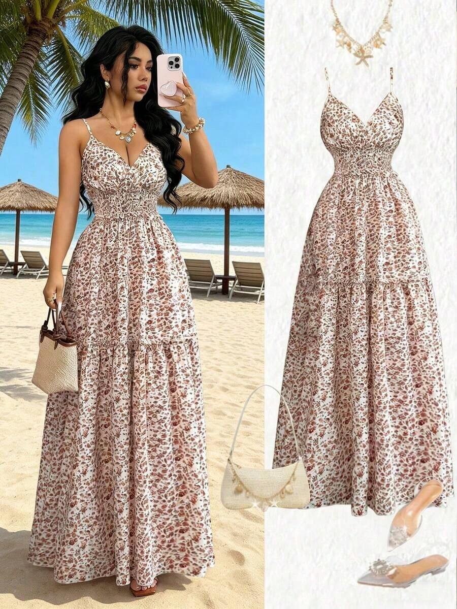 Nuevo vestido elegante para jóvenes damas con diseño de lazo en la cintura, estampado floral diminuto y tirantes de espagueti para vacaciones - Multicolor - Ver 1