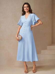 Vestido de verano de longitud de muslo con abertura, frente con botones y mangas mariposa elegante para mujer - Niebla azul - Ver 4