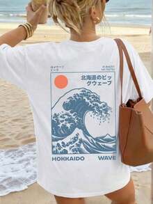 1 Piece Women's Loose-Fitting Summer T-Shirt With A Round Neck And Short Sleeves, Featuring Japanese Elements With A Hokkaido Wave And Sunrise Print. Suitable For Vacation, Office, Going Out, Daily Wear, Dating, Parties, Gatherings, Street, Carnival, Music Festivals, Valentine's Day, And Informal Occasions. Color: White, Women's Summer Dress - White - View 1