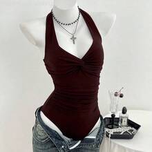 Yunuo Menswear  Body de mujer con cuello en V y nudo delantero, minimalista y sexy, para primavera/verano - Blanco - Ver 7