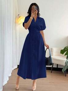 Vestido camisero casual de mujer con botones delanteros, mangas raglán y cintura ajustada - Blanco - Ver 7