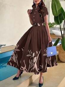 Vestido de línea A con estampado floral diminuto elegante para mujer, Keke Bloomly, de manga corta con cuello y cinturón, dobladillo con volantes lujosos, atuendo de festival, atuendo de playa para mujer en verano - amarillo ganso - Ver 11