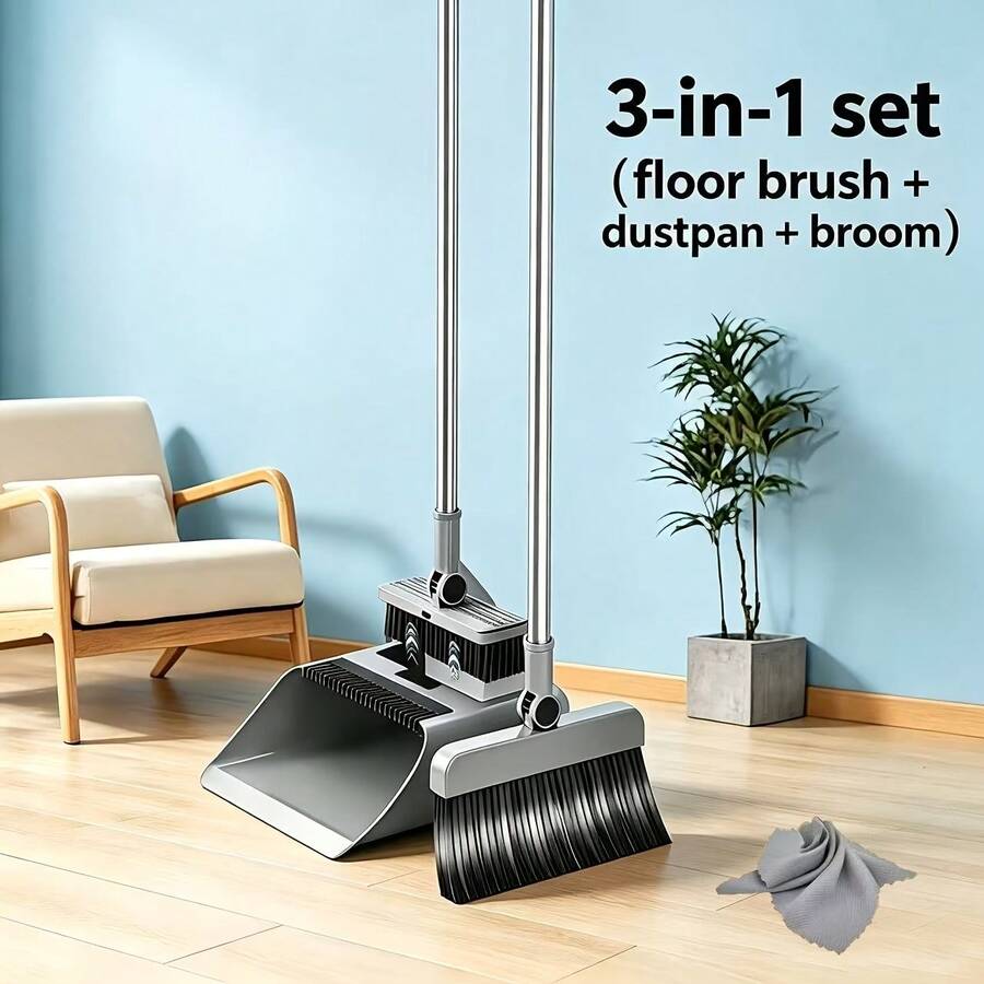 ZBEZBE Broom And Dustpan, 3-In-1 Broom With Dustpan Combo Set Foldable And Rotating And Set With Long Handle For Home Office School Dorm - 灰色三合一[無刮刀款]掃把套裝灰色 - 查看 1