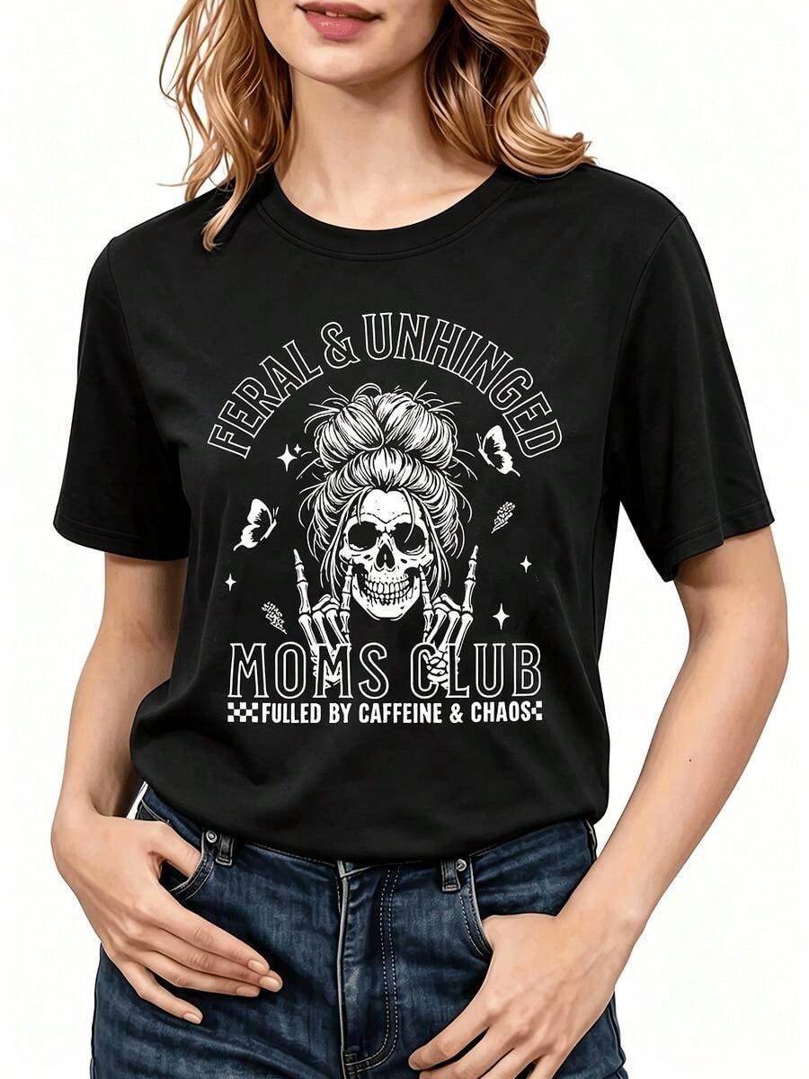 1 pieza de  Playera de manga corta 100% algodón, cuello redondo casual con estampado, manga corta transpirable para uso diario, dise?o del club de mamás divertidas, salvajes y descontroladas - Negro - Ver 1