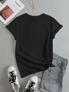 Modern, Simple, And Unique Women's T-Shirt With A Crown, Q, And Heart Print - Short Sleeves, Round Neck, Soft Polyester Blend, Comfortable Summer Top, Suitable For Casual Wear. Elegant Party Outfit/T-Shirt For Stylish Ladies/Blouses Suitable For Curvy Women/Prom Skirts/Casual Wear - 黑色 - 查看 5