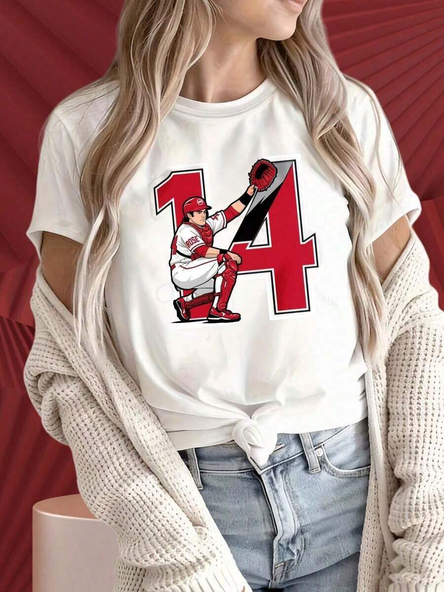 Women's Round-Neck, Short-Sleeved T-Shirts Feature Eye-Catching Prints. This T-Shirt, Featuring A Number 14 Baseball Player Design, Is Suitable For Both Women And Men. It Makes A Great Gift For Sports Fans And Is Perfect For Christmas Parties, Sporting Events, Holiday Parties, Outings, And Other Festive Occasions (220g). This Women's T-Shirt Is Stylish, Boho Chic, And Soft, Breathable, And Comfortable-Ideal For Spring, Summer, And Fall. It's Also Perfect For Vacations, Travel, And Everyday Wear. - 白色 - 查看 1