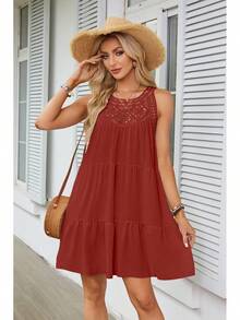 Vestido de Mujer para Primavera/Verano con Encaje Calado y Cuello Halter en Corte A - Blanco - Ver 7