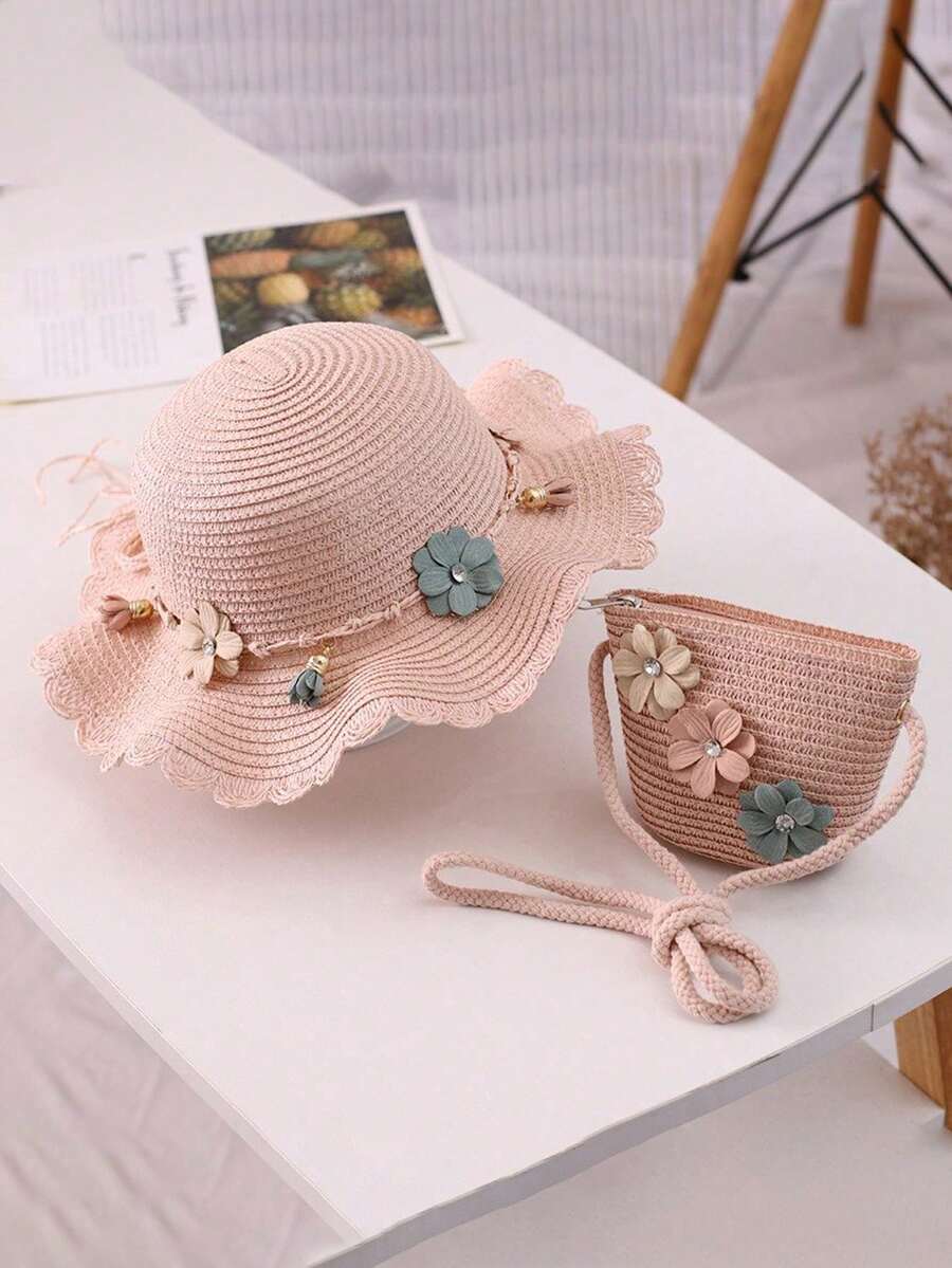 2件組女孩夏季蕾絲草帽附花朵吊飾與蕾絲包套組 - 粉色 - 查看 1