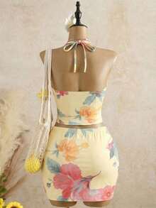 Conjunto de 2 piezas para mujer, azul, lindo y sexy, con estampado floral - Top corto de tirantes finos + minifalda ajustada, atuendo casual para vacaciones en la playa. - Multicolor - Ver 5