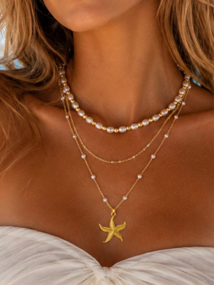 Vintage Multi-Layer Handmade Pearl Beaded Necklace With Shell & Star Pendant, Women's Summer Beach Party Jewelry Accessory - Yellow Gold - View 1