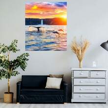 Plano 2D, 1 pieza, estampado vertical de ballena y delfines en el océano con marco de madera maciza - Envuelto, apto para decoración costera moderna nórdica minimalista, marino vertical para espacios estrechos, regalo de inauguración de casa para dormitorio, sala de estar, oficina, plano 2D - Enmarcado - Ver 5