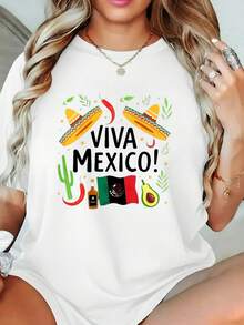 Women's Casual Summer Fashion T-Shirt, Viva Mexico Design, Colorful Mexican-Themed Print, Loose Casual Fit, Suitable For Beach Parties And Vacations, Round Neck, Regular Sleeves, Ideal For Everyday Casual Outings And Weekends. Adult Party Wear, Women's Cotton T-Shirts. - 白色 - 查看 7